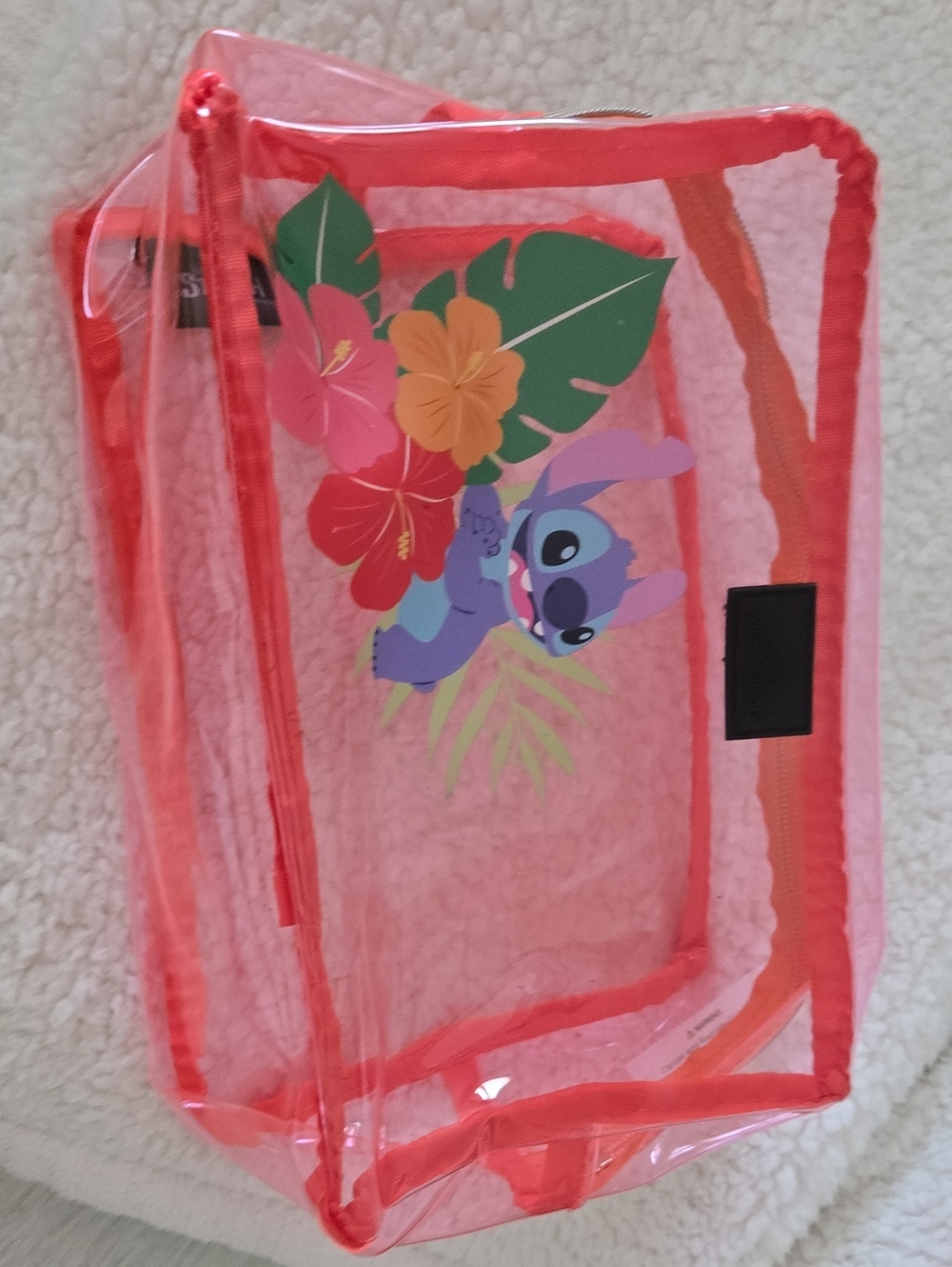 Rare Disney Clear Cosmetic Bag with Coral Trim and Stitch Character